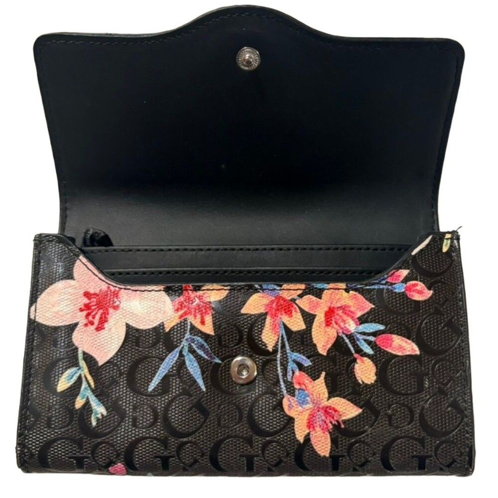 Guess Floral Wallet Black Logo Print Snap Closure Organizer Clutch - Picture 3 of 8